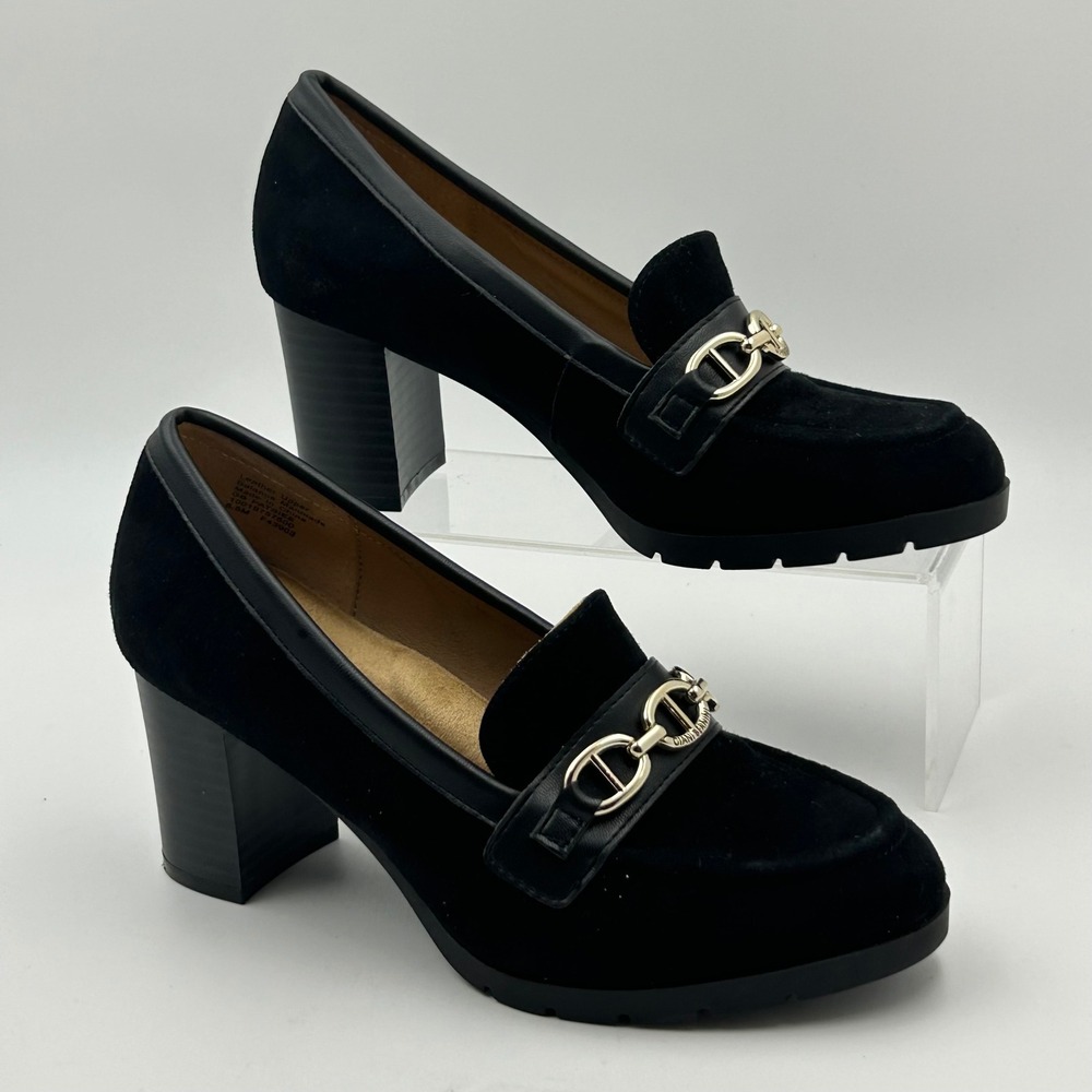 Giani‎ Bernini Patsiee Heeled Loafers Womens 6.5 Black Suede Horse bit Preppy